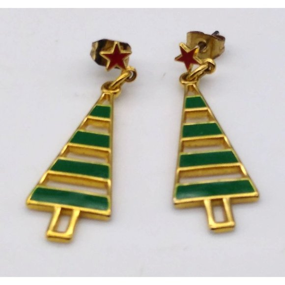 Avon Trim a Tree Dangle Earrings Vintage Book Piece, Drop Studs in Green Enamel - Picture 4 of 5